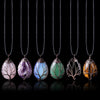 Natural Stone Crystal Drop-Shaped Wire Wound Lucky Tree Pendant Necklace