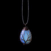 Natural Stone Crystal Drop-Shaped Wire Wound Lucky Tree Pendant Necklace