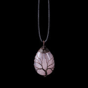 Natural Stone Crystal Drop-Shaped Wire Wound Lucky Tree Pendant Necklace