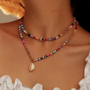 Bohemian  Seed Bead Shell Choker Necklace -Multi-Color