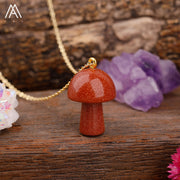 Healing Reiki Crystal Mushroom Charm with Gold Chain