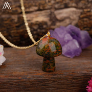 Healing Reiki Crystal Mushroom Charm with Gold Chain