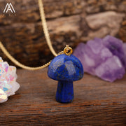 Healing Reiki Crystal Mushroom Charm with Gold Chain