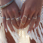 Bohemian Edge Cross Moon Geometric Gold Rings